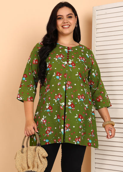 Yash Gallery Women's Cotton Floral Printed Short Kurti (GREEN)
