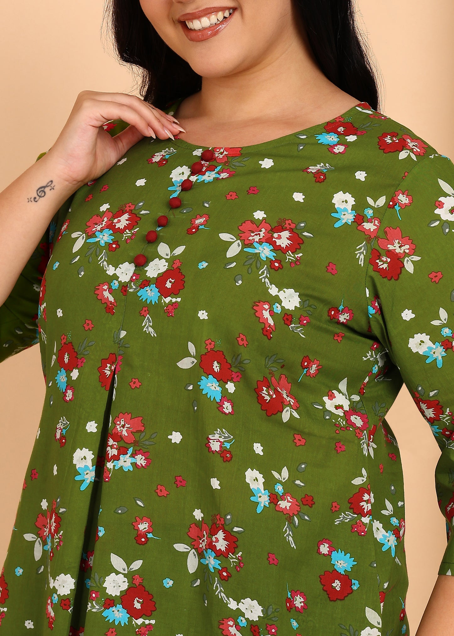 Yash Gallery Women's Cotton Floral Printed Short Kurti (GREEN)