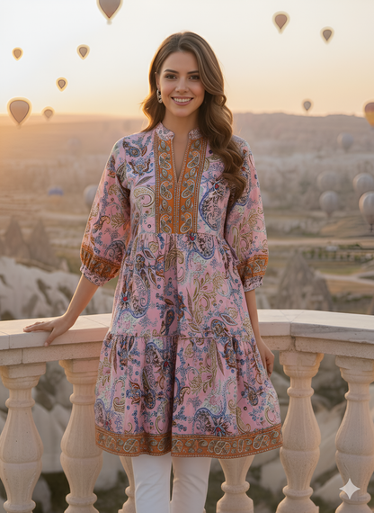 Yash Gallery Women’s Polyester Tiered Printed Ethnic Tunic with 3/4 Sleeves & Mandarin Collar