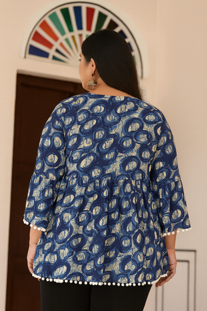 Yash Gallery Women's Cotton Printed A-Line Top with Pom Pom Detailing