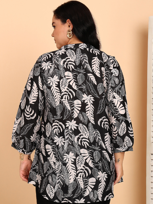 Yash Gallery Women’s Polyester Marble Print Short Kurti Mandarin Collar with Pintuck Pleats 3/4th Sleeve
