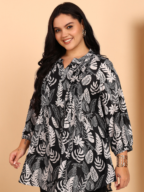 Yash Gallery Women’s Polyester Marble Print Short Kurti Mandarin Collar with Pintuck Pleats 3/4th Sleeve