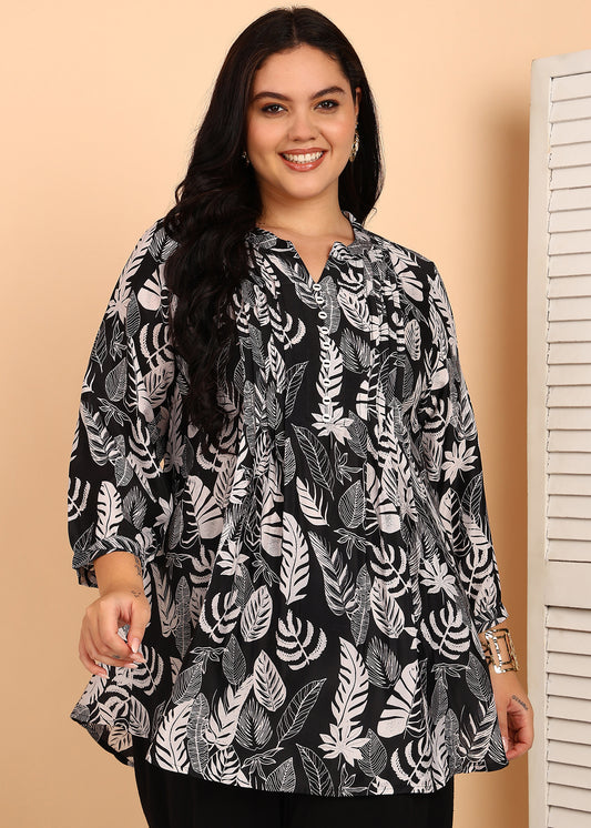 Yash Gallery Women’s Polyester Printed Tunic Top Mandarin Collar, Pintuck Front, 3/4 Sleeves (Black)