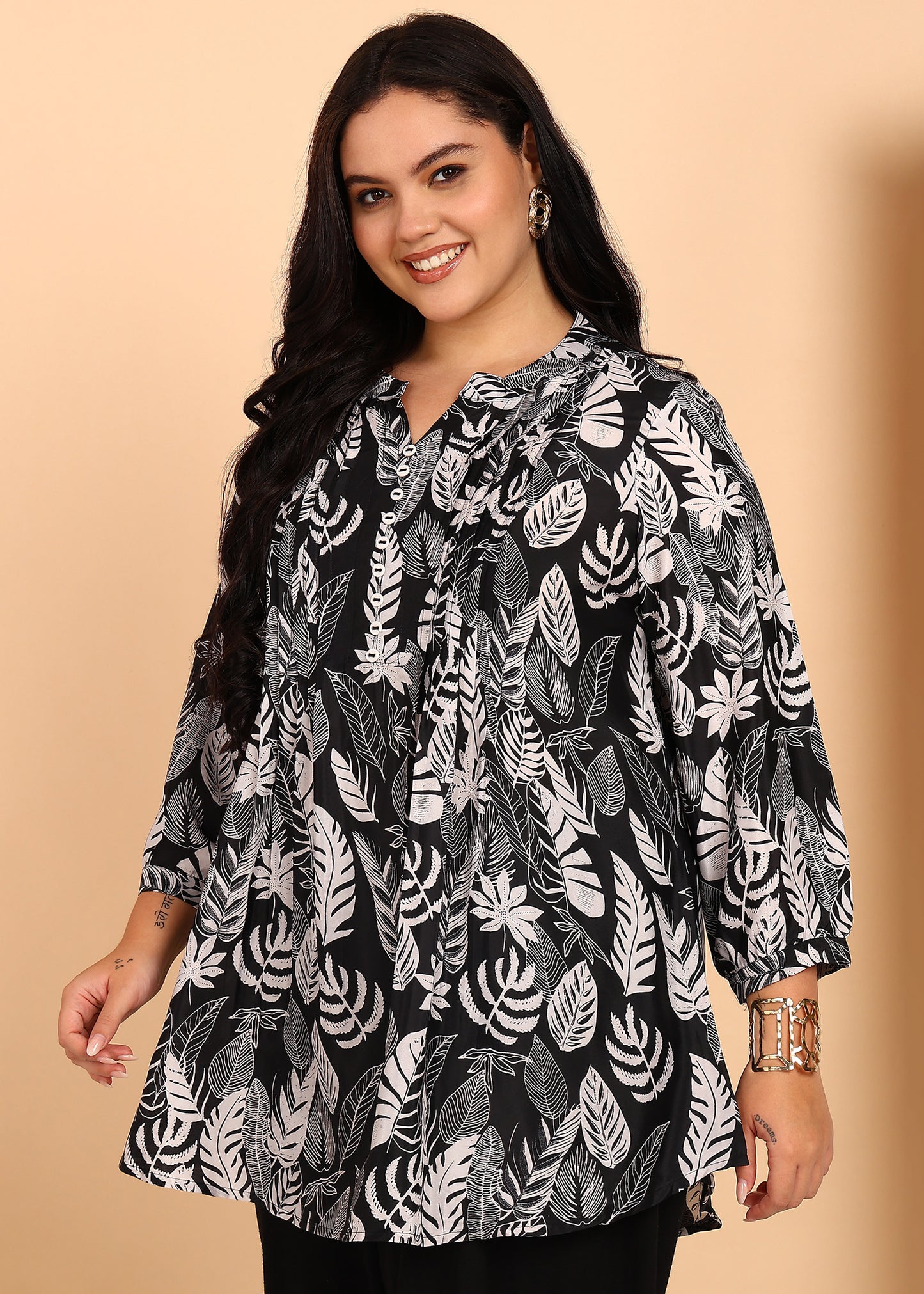 Yash Gallery Women’s Polyester Marble Print Kurti Mandarin Collar with Pintuck Pleats  3/4th Sleeve