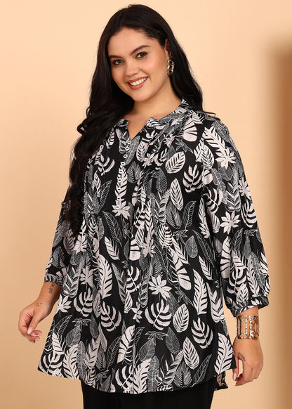 Yash Gallery Women’s Polyester Marble Print Kurti Mandarin Collar with Pintuck Pleats  3/4th Sleeve