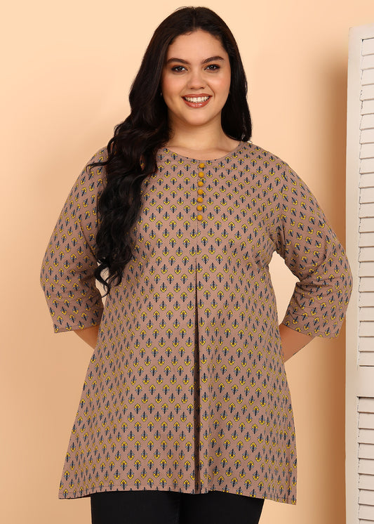 Yash Gallery Women’s Cotton Printed Short Kurti  Round Neck, 3/4 Sleeve A-Line Tunic Top with Buttons (Mauve)