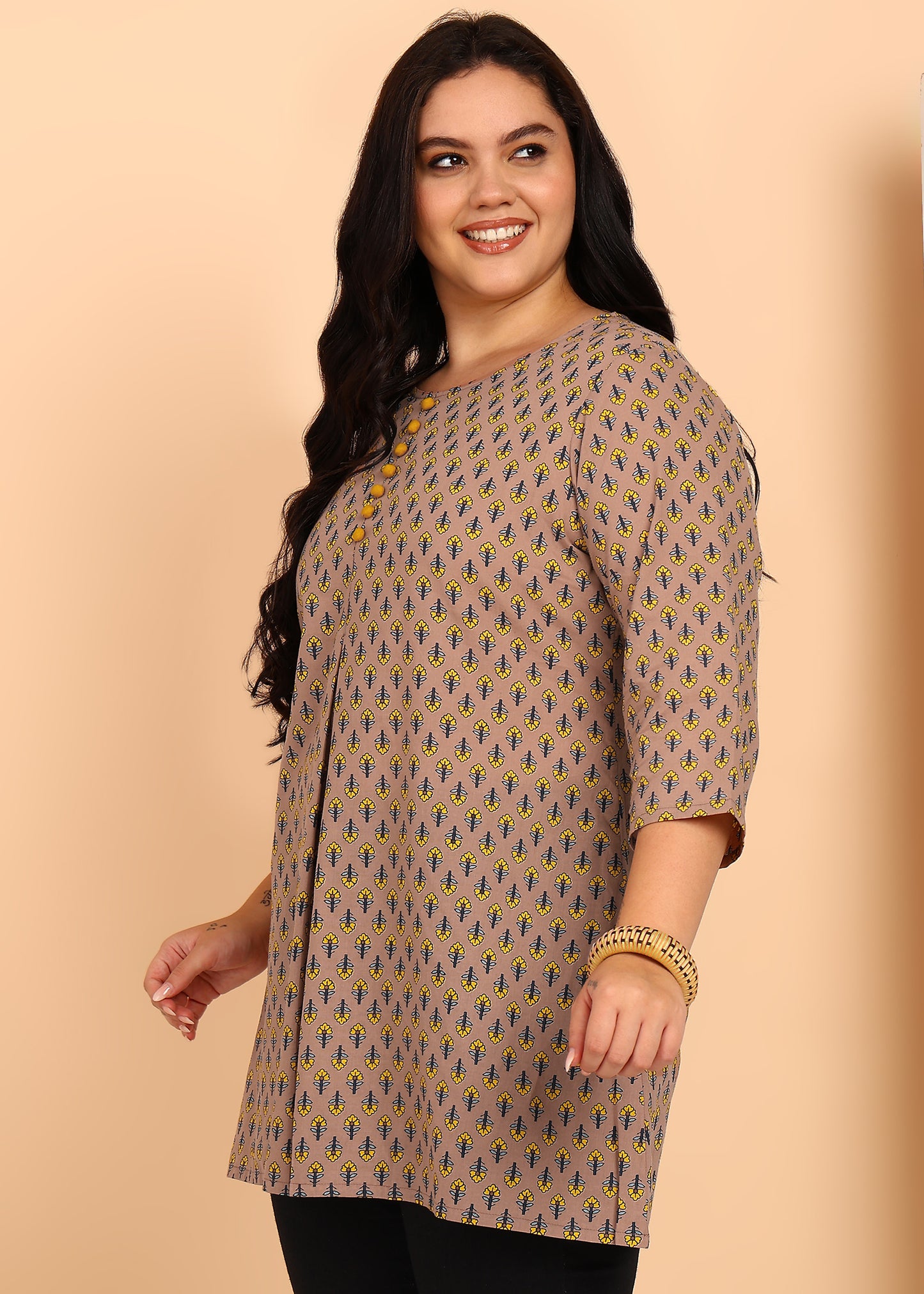 Yash Gallery Women’s Cotton Printed Short Kurti  Round Neck, 3/4 Sleeve A-Line Tunic Top with Buttons (Mauve)