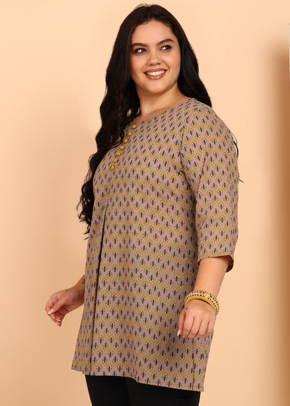 Yash Gallery Women’s Cotton Printed Short Kurti  Round Neck, 3/4 Sleeve A-Line Tunic Top with Buttons (Mauve)