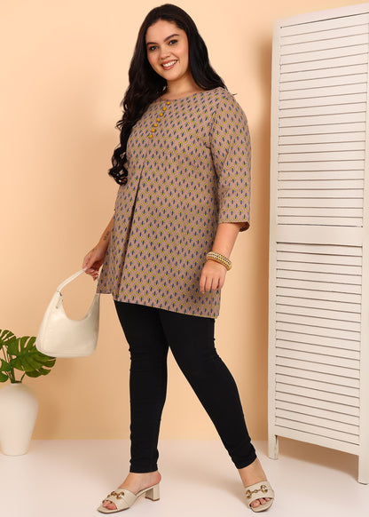 Yash Gallery Women’s Cotton Printed Short Kurti  Round Neck, 3/4 Sleeve A-Line Tunic Top with Buttons (Mauve)