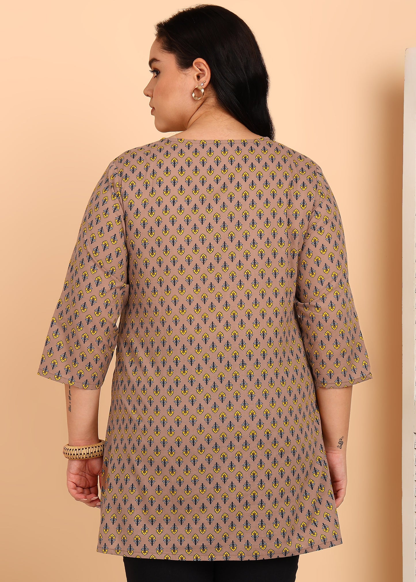 Yash Gallery Women’s Cotton Printed Short Kurti  Round Neck, 3/4 Sleeve A-Line Tunic Top with Buttons (Mauve)