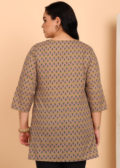 Yash Gallery Women’s Cotton Printed Short Kurti  Round Neck, 3/4 Sleeve A-Line Tunic Top with Buttons (Mauve)