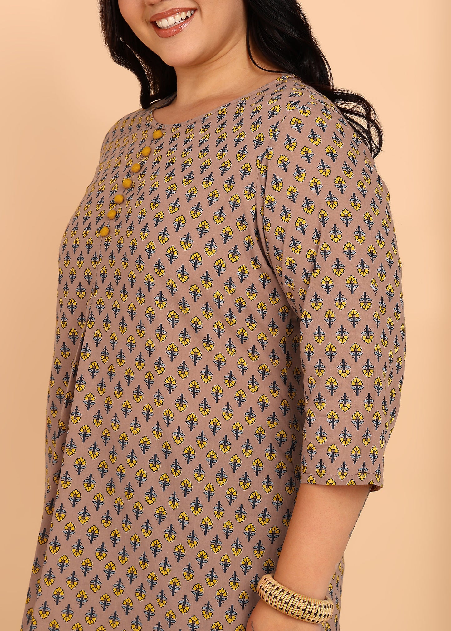 Yash Gallery Women’s Cotton Printed Short Kurti  Round Neck, 3/4 Sleeve A-Line Tunic Top with Buttons (Mauve)