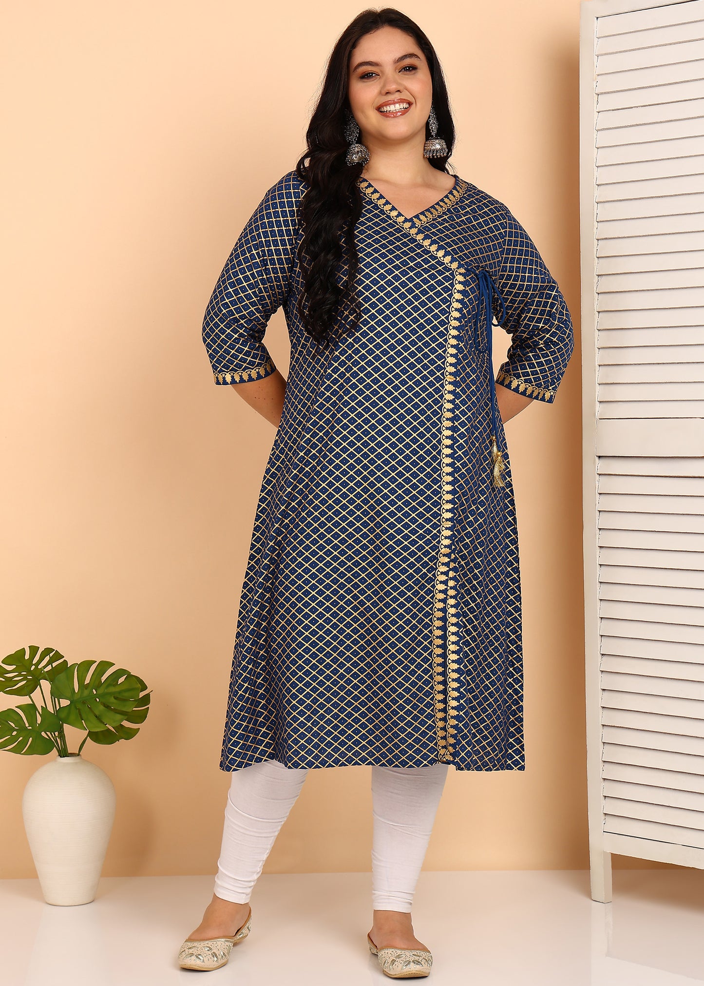 Yash Gallery Women’s Rayon Plus Size Angrakha Kurti V-Neck, 3/4 Sleeves (Blue)