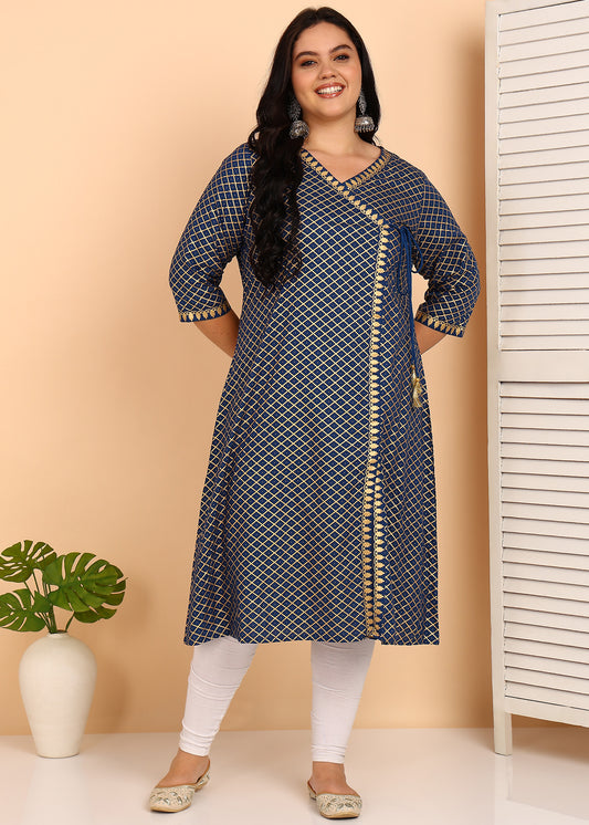 Yash Gallery Women’s Rayon Plus Size Angrakha Kurti V-Neck, 3/4 Sleeves (Blue)