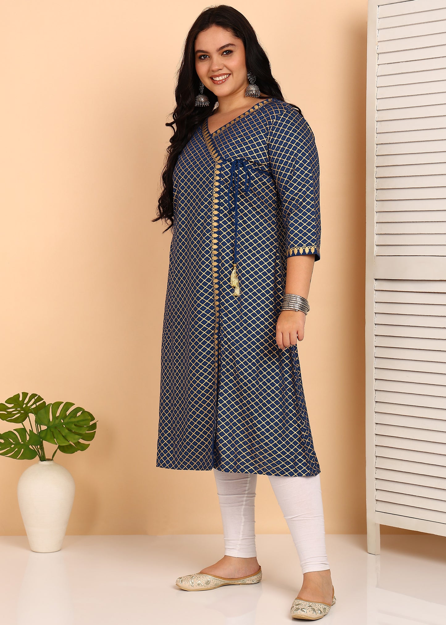 Yash Gallery Women’s Rayon Plus Size Angrakha Kurti V-Neck, 3/4 Sleeves (Blue)