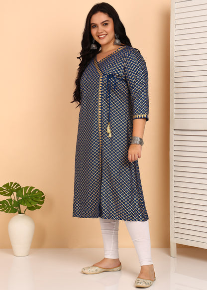 Yash Gallery Women’s Rayon Plus Size Angrakha Kurti V-Neck, 3/4 Sleeves (Blue)