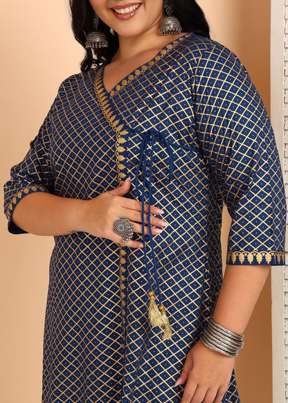 Yash Gallery Women’s Rayon Plus Size Angrakha Kurti V-Neck, 3/4 Sleeves (Blue)