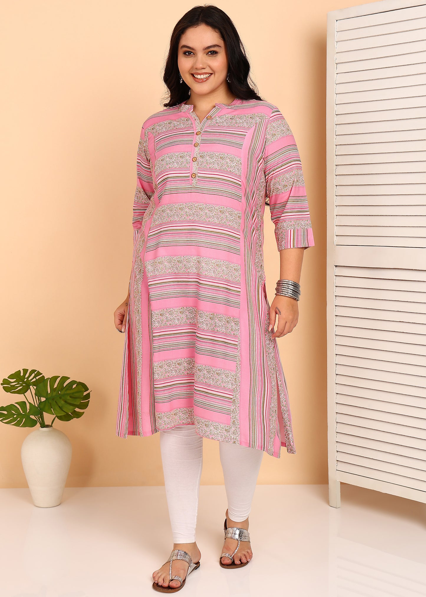 Yash Gallery Women's Plus Size Rayon Printed Straight Kurti, Mandarin Collar, 3/4th Sleeves (Pink)