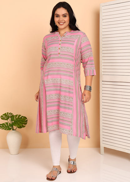 Yash Gallery Women's Plus Size Rayon Printed Straight Kurti, Mandarin Collar, 3/4th Sleeves (Pink)
