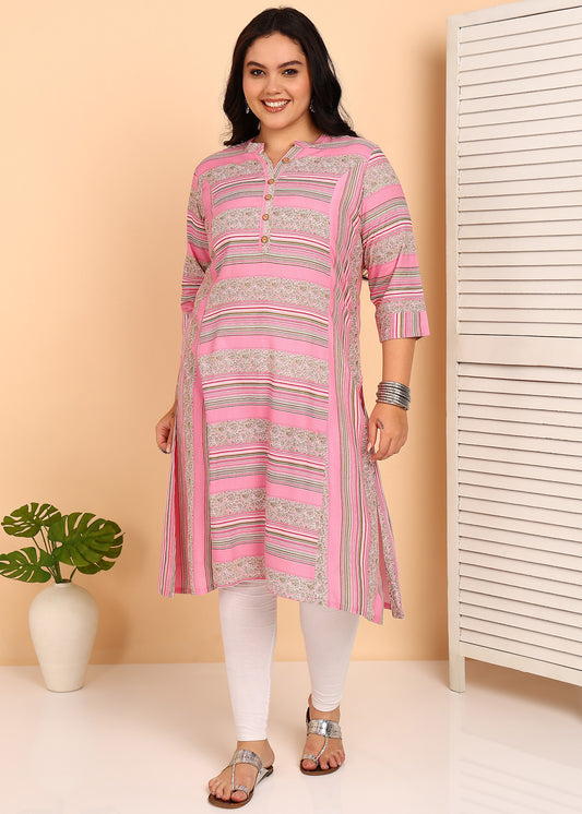 Yash Gallery Women's Plus Size Rayon Printed Straight Kurti, Mandarin Collar, 3/4th Sleeves (Pink)