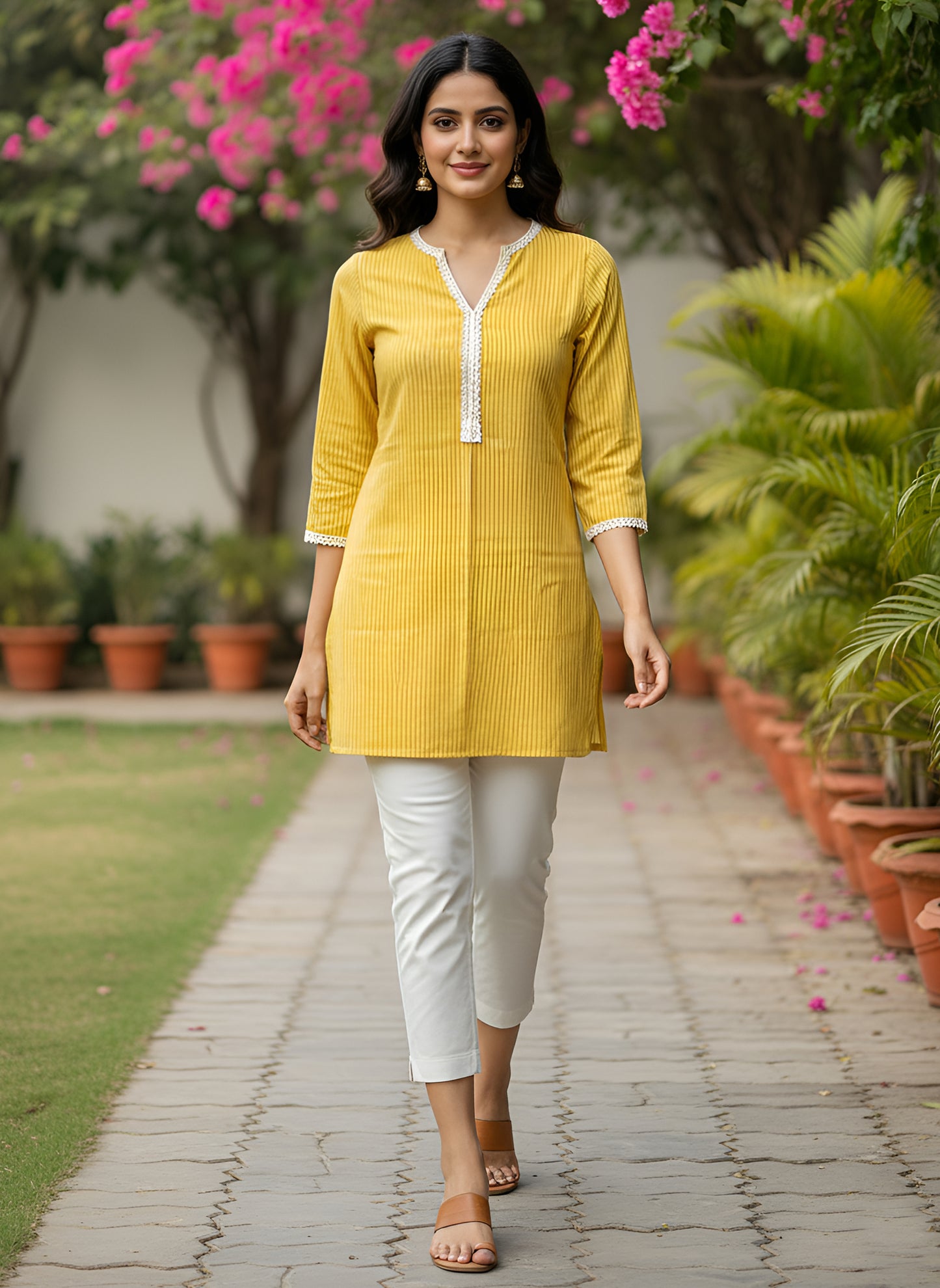 Yash Gallery Women’s Rayon Striped Short Kurti Round Neck with V-Notch Placket, Contrast Lace, 3/4 Sleeves (Yellow)
