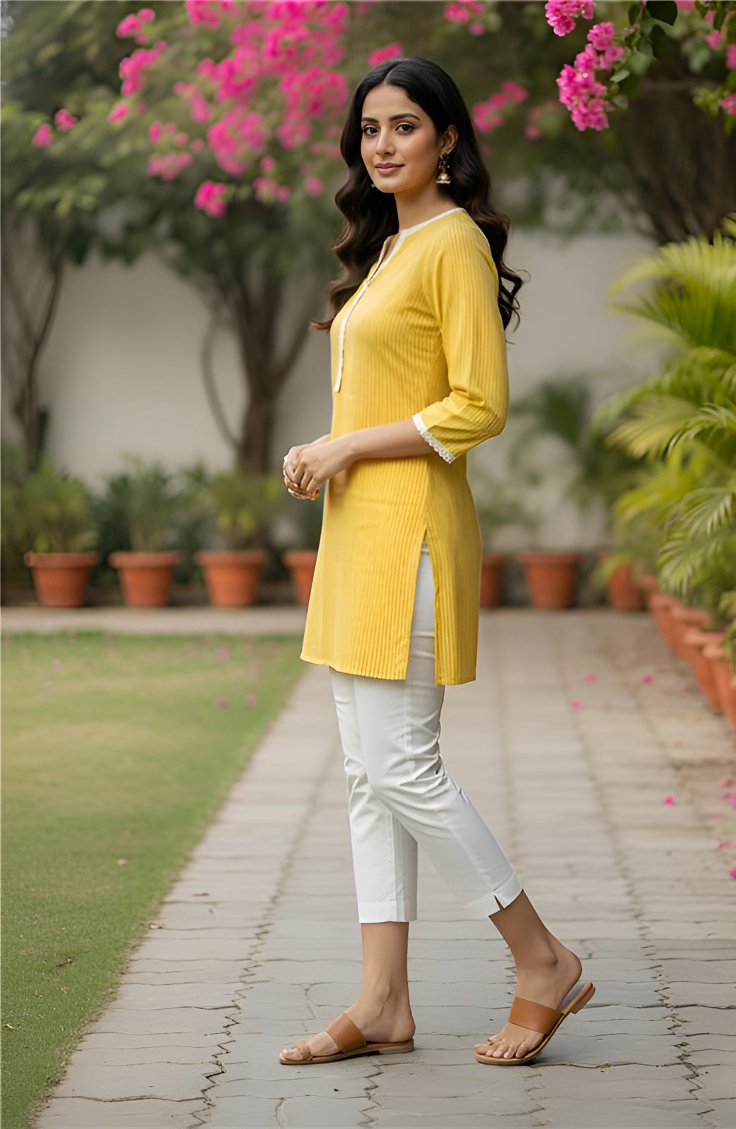 Yash Gallery Women’s Rayon Striped Short Kurti Round Neck with V-Notch Placket, Contrast Lace, 3/4 Sleeves (Yellow)