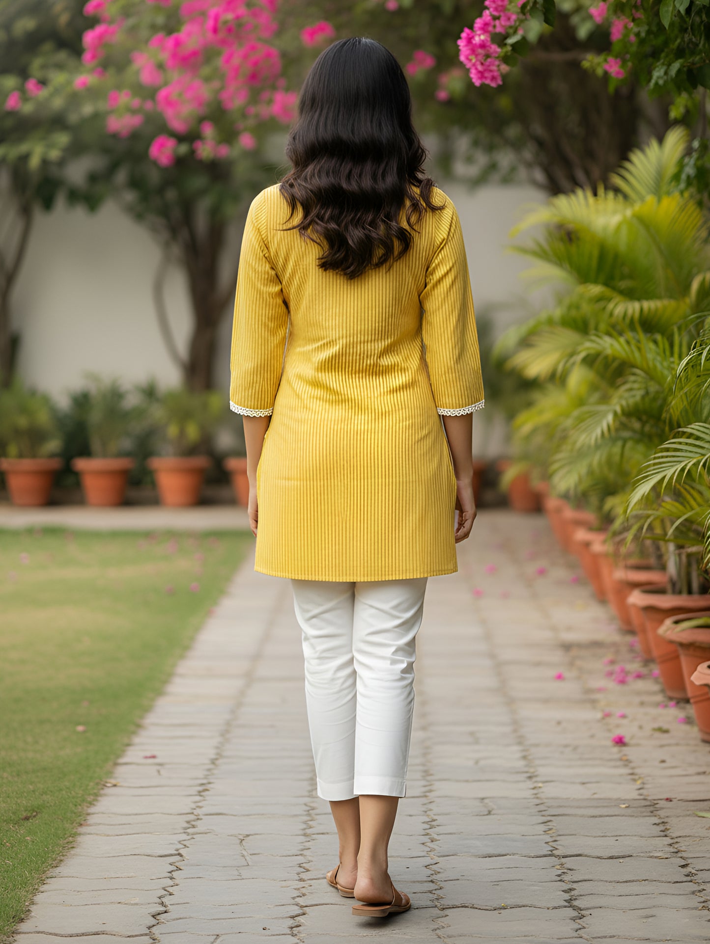 Yash Gallery Women’s Rayon Striped Short Kurti Round Neck with V-Notch Placket, Contrast Lace, 3/4 Sleeves (Yellow)