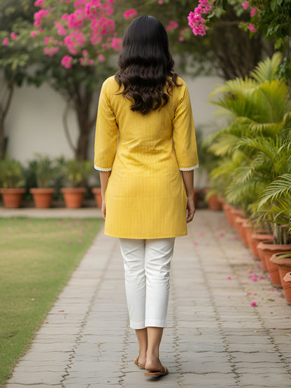 Yash Gallery Women’s Rayon Striped Short Kurti Round Neck with V-Notch Placket, Contrast Lace, 3/4 Sleeves (Yellow)