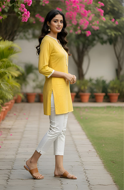 Yash Gallery Women’s Rayon Striped Short Kurti Round Neck with V-Notch Placket, Contrast Lace, 3/4 Sleeves (Yellow)
