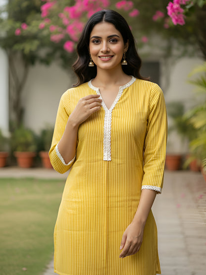 Yash Gallery Women’s Rayon Striped Short Kurti Round Neck with V-Notch Placket, Contrast Lace, 3/4 Sleeves (Yellow)
