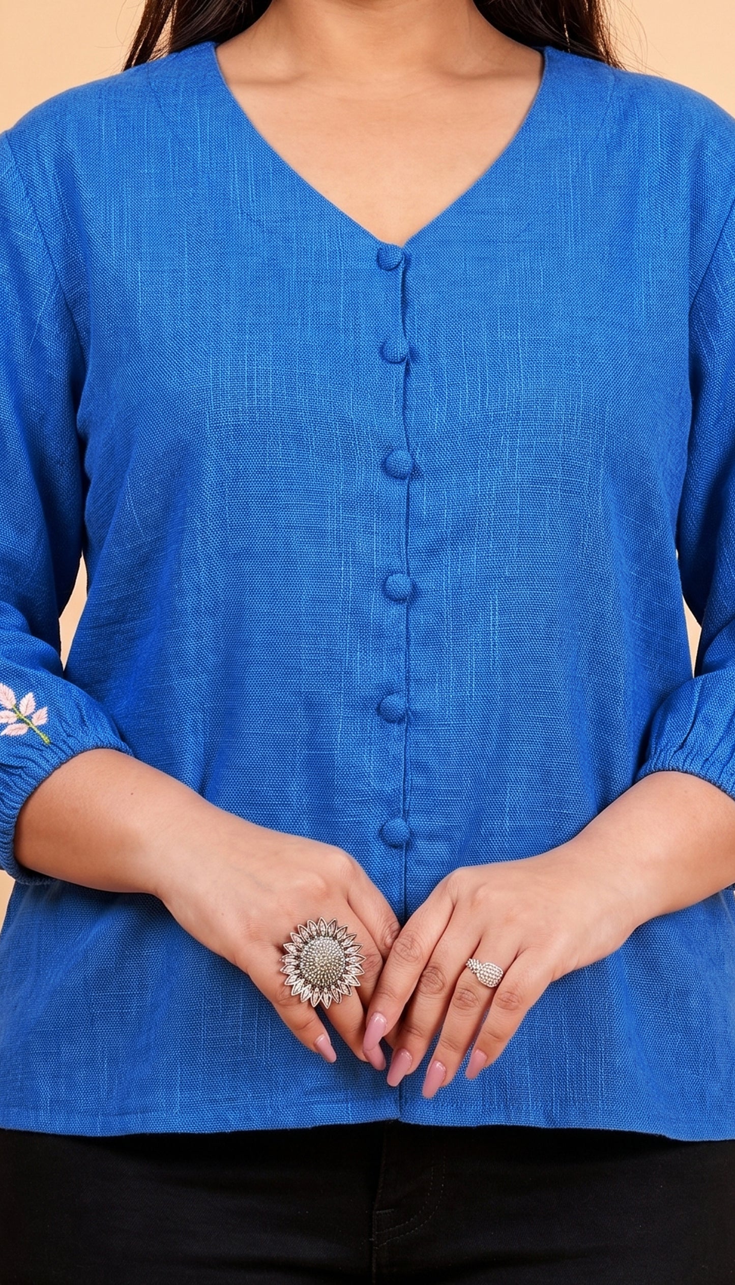 Yash Gallery Women’s Cotton Slub Fabric Top with V-Neckline & Embroidered Sleeves