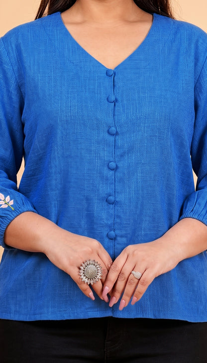 Yash Gallery Women’s Cotton Slub Fabric Top with V-Neckline & Embroidered Sleeves