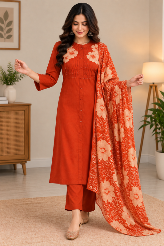 Yash Gallery Women Cotton Floral Kurta Pant & Printed Dupatta 3-Piece Set