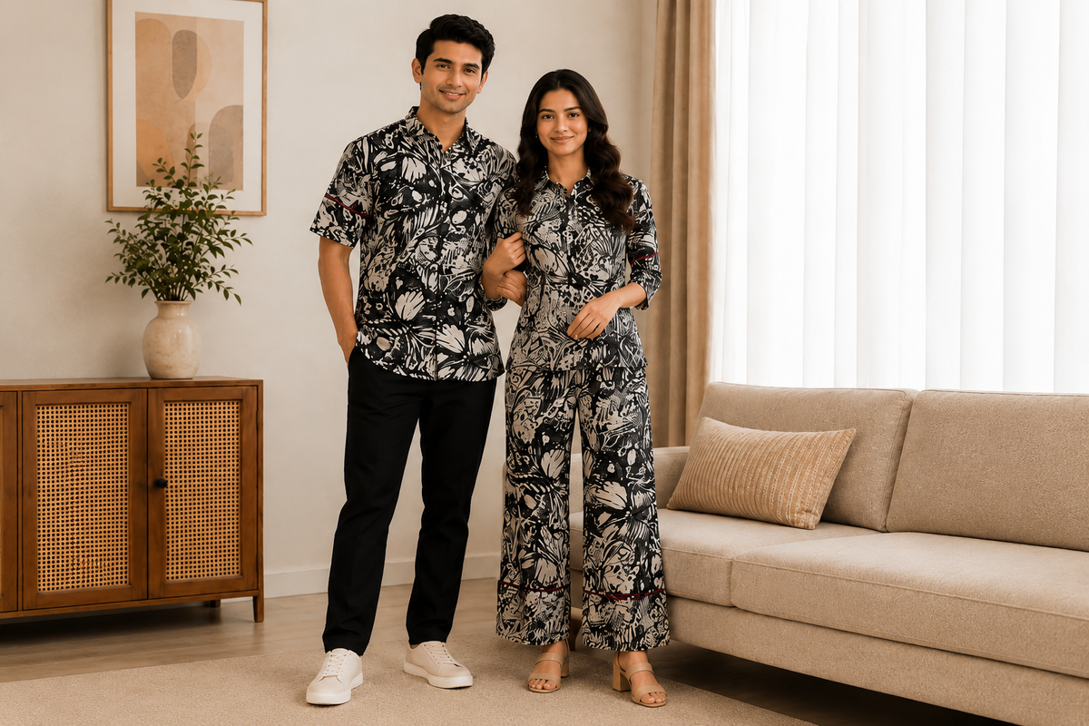 Yash Gallery Matching Couple Outfit for Men & Women | Men's Printed Short Sleeve Regular Fit Shirt & Women's Printed Straight Kurta with Pant Set | Coordinated Couple Wear