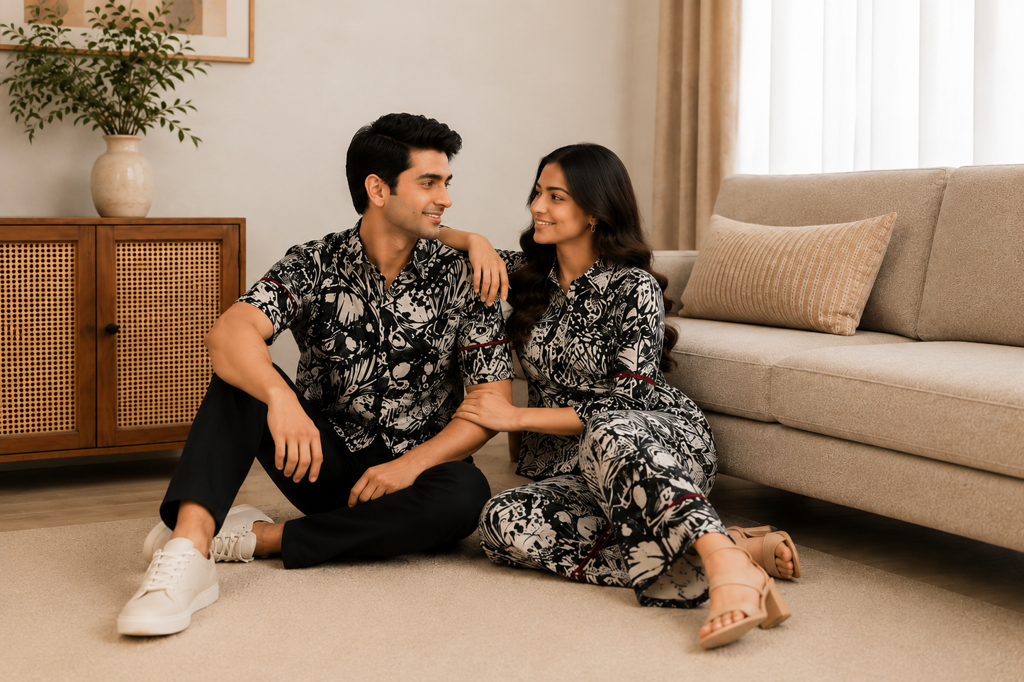 Yash Gallery Matching Couple Outfit for Men & Women | Men's Printed Short Sleeve Regular Fit Shirt & Women's Printed Straight Kurta with Pant Set | Coordinated Couple Wear