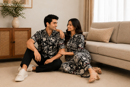 Yash Gallery Matching Couple Outfit for Men & Women | Men's Printed Short Sleeve Regular Fit Shirt & Women's Printed Straight Kurta with Pant Set | Coordinated Couple Wear