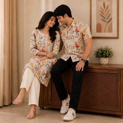 Yash Gallery Matching Couple Outfit for Men & Women | Men's Printed Short Sleeve Regular Fit Shirt & Women's Printed Straight Kurta with Pant Set | Coordinated Couple Wear