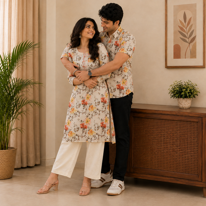 Yash Gallery Matching Couple Outfit for Men & Women | Men's Printed Short Sleeve Regular Fit Shirt & Women's Printed Straight Kurta with Pant Set | Coordinated Couple Wear