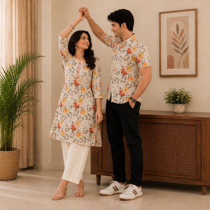 Yash Gallery Matching Couple Outfit for Men & Women | Men's Printed Short Sleeve Regular Fit Shirt & Women's Printed Straight Kurta with Pant Set | Coordinated Couple Wear