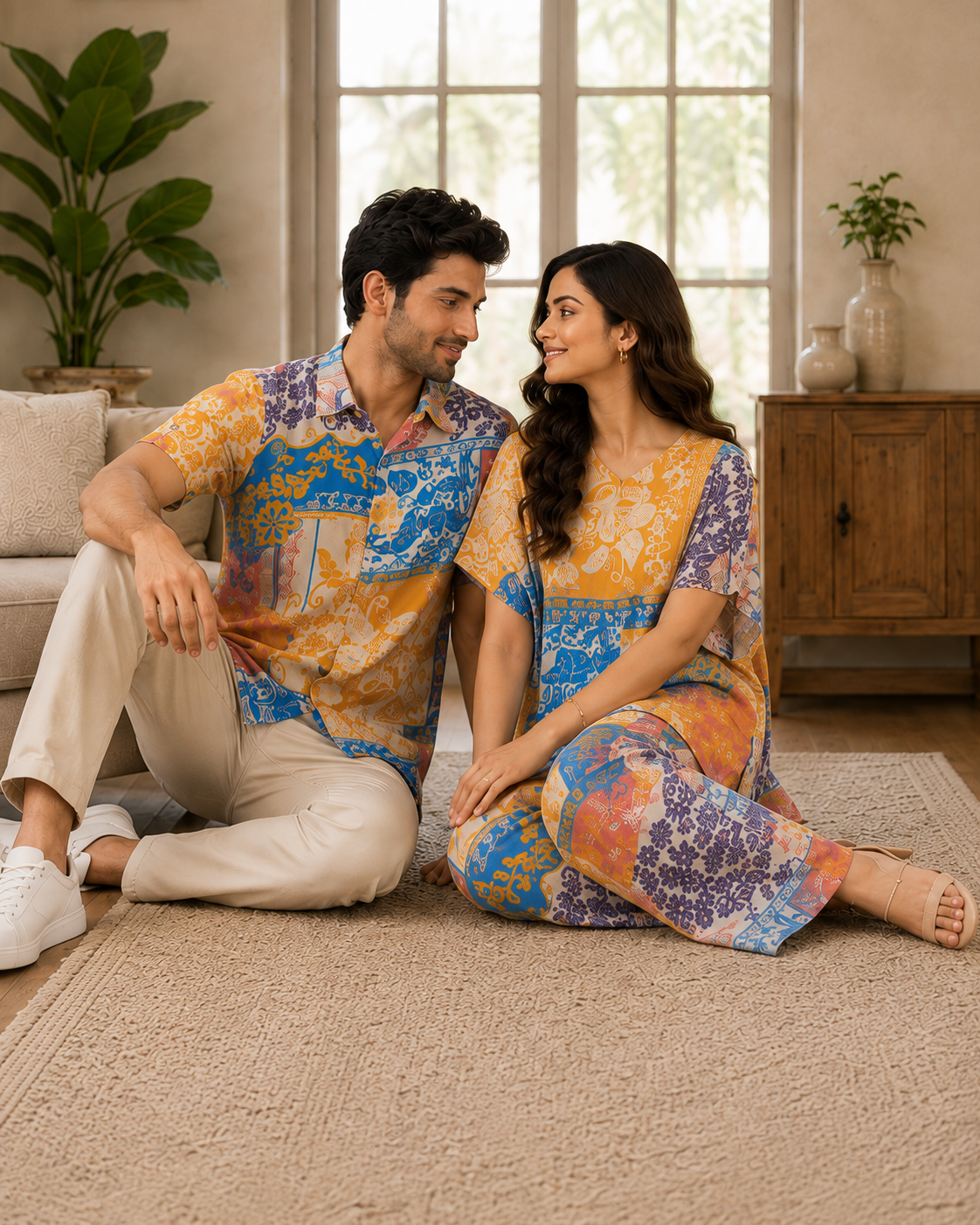 Yash Gallery Matching Couple Outfit for Men & Women | Men's Printed Short Sleeve Regular Fit Shirt & Women's Printed Straight Kurta with Pant Set | Coordinated Couple Wear