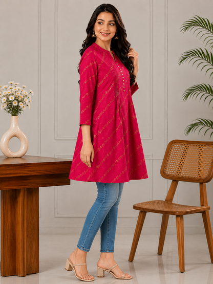 Yash Gallery Women’s Polyester Marble Print Kurti Mandarin Collar with Pintuck Pleats  3/4th Sleeve