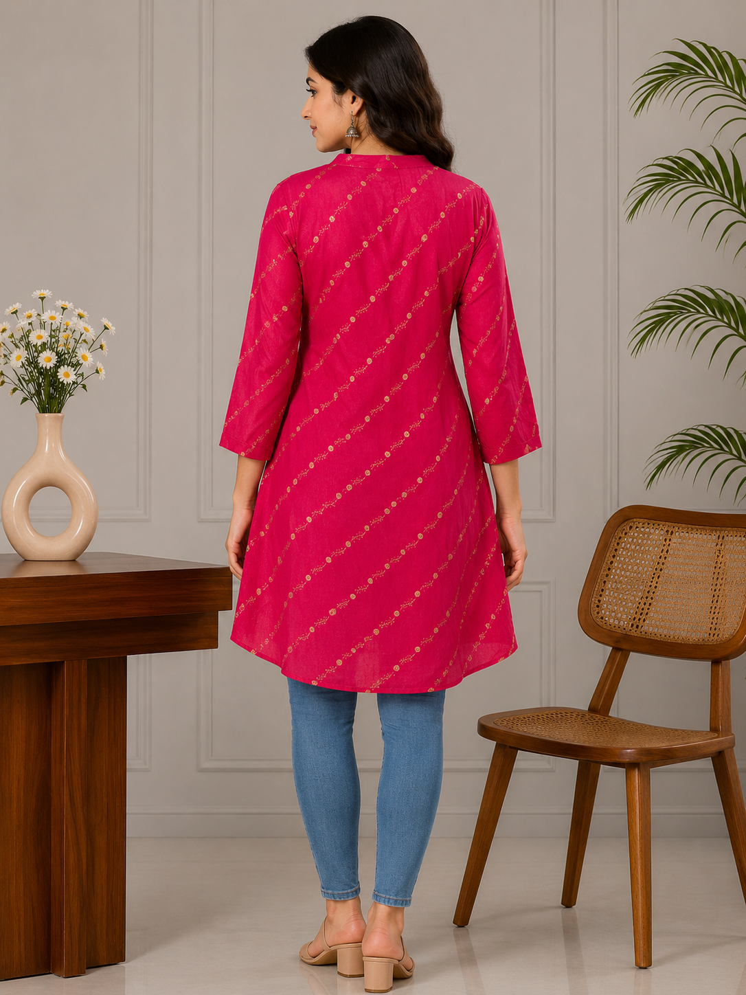 Yash Gallery Women’s Polyester Marble Print Kurti Mandarin Collar with Pintuck Pleats  3/4th Sleeve