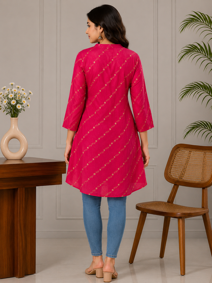 Yash Gallery Women’s Polyester Marble Print Kurti Mandarin Collar with Pintuck Pleats  3/4th Sleeve