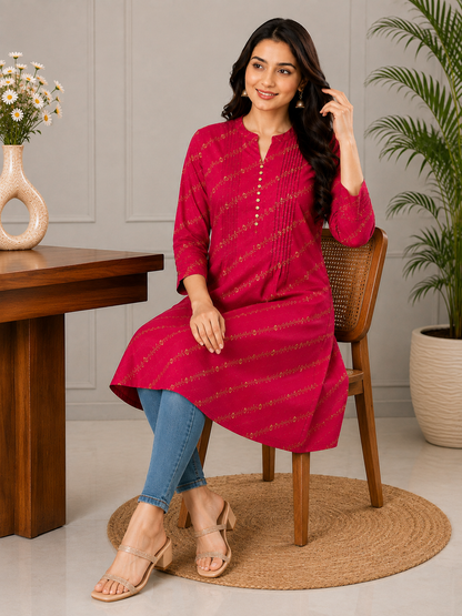 Yash Gallery Women’s Polyester Marble Print Kurti Mandarin Collar with Pintuck Pleats  3/4th Sleeve