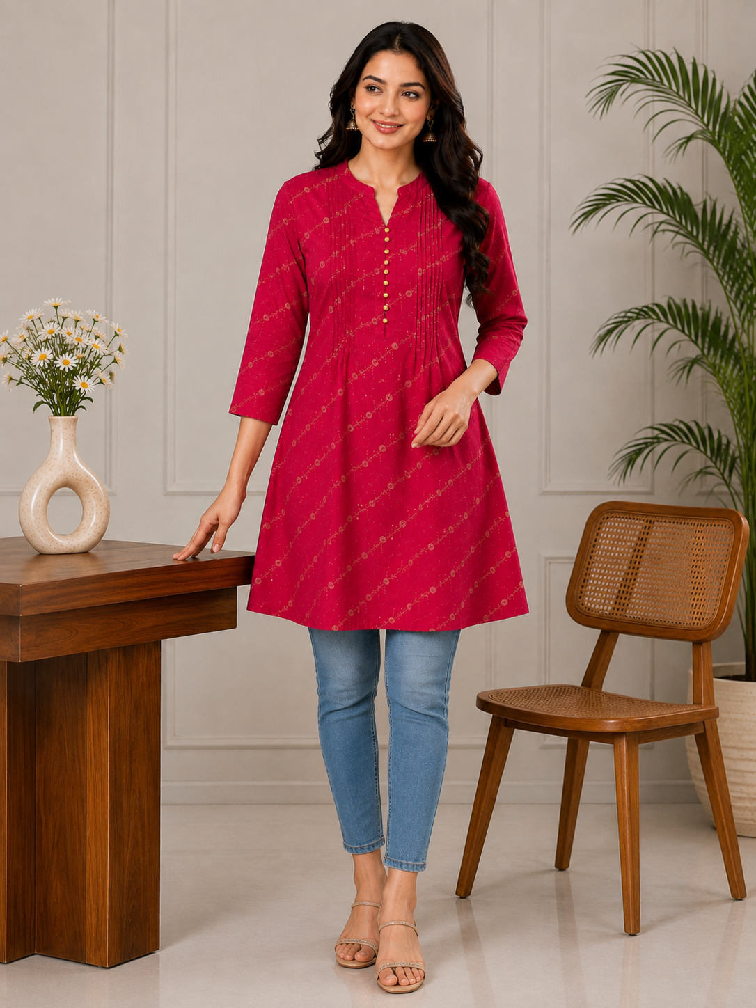 Yash Gallery Women’s Polyester Marble Print Kurti Mandarin Collar with Pintuck Pleats  3/4th Sleeve