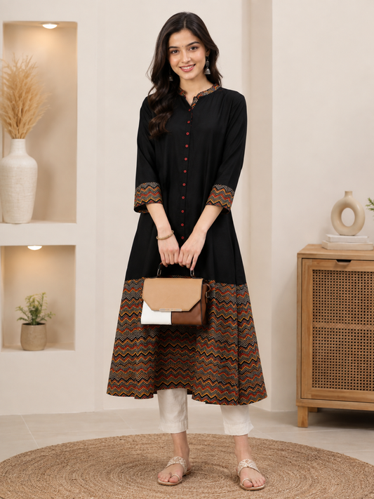 Rayon & Cotton Cambric Zig-Zag Printed A-line Kurta