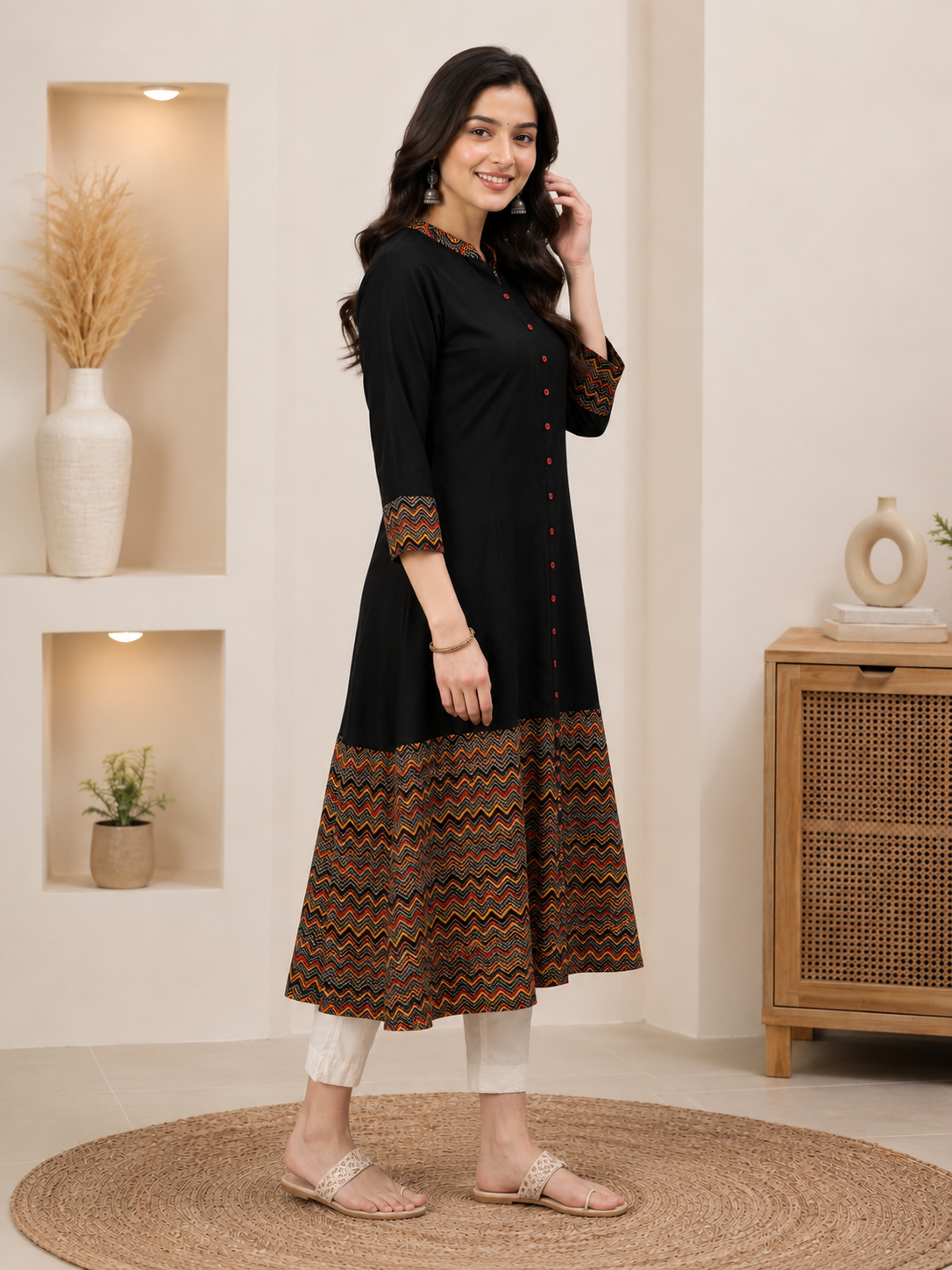 Rayon & Cotton Cambric Zig-Zag Printed A-line Kurta