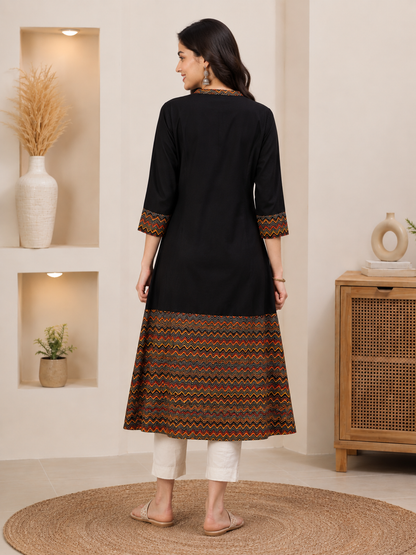 Rayon & Cotton Cambric Zig-Zag Printed A-line Kurta
