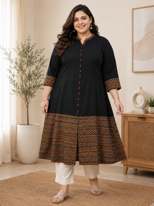 Rayon & Cotton Cambric Zig-Zag Printed A-line Kurta Plus Size
