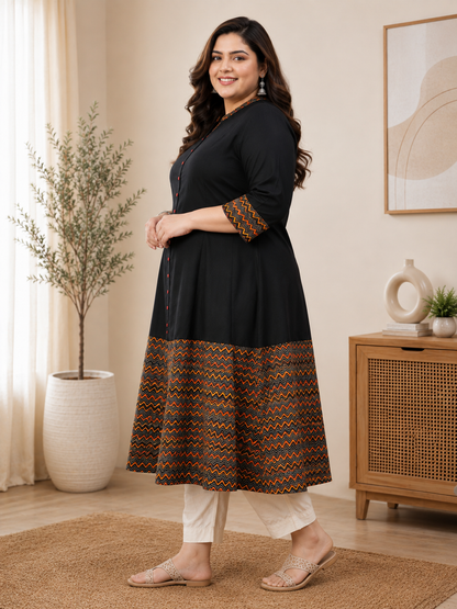 Rayon & Cotton Cambric Zig-Zag Printed A-line Kurta Plus Size